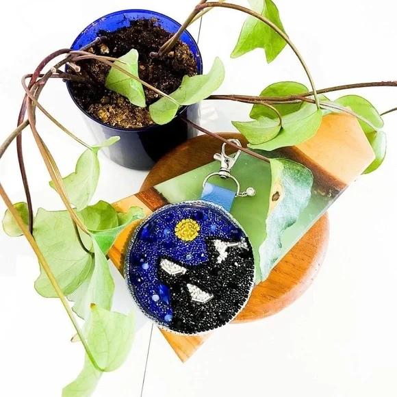 Handmade Beaded Mountain Night Sky Bag Charm Keychain | Custom Colours - Picture 3 of 3